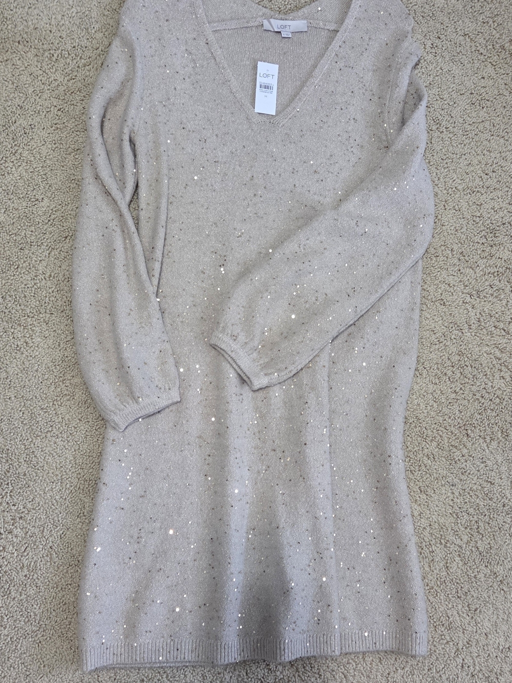 NWT LOFT Cream Sequin V-Neck Sweater Dress